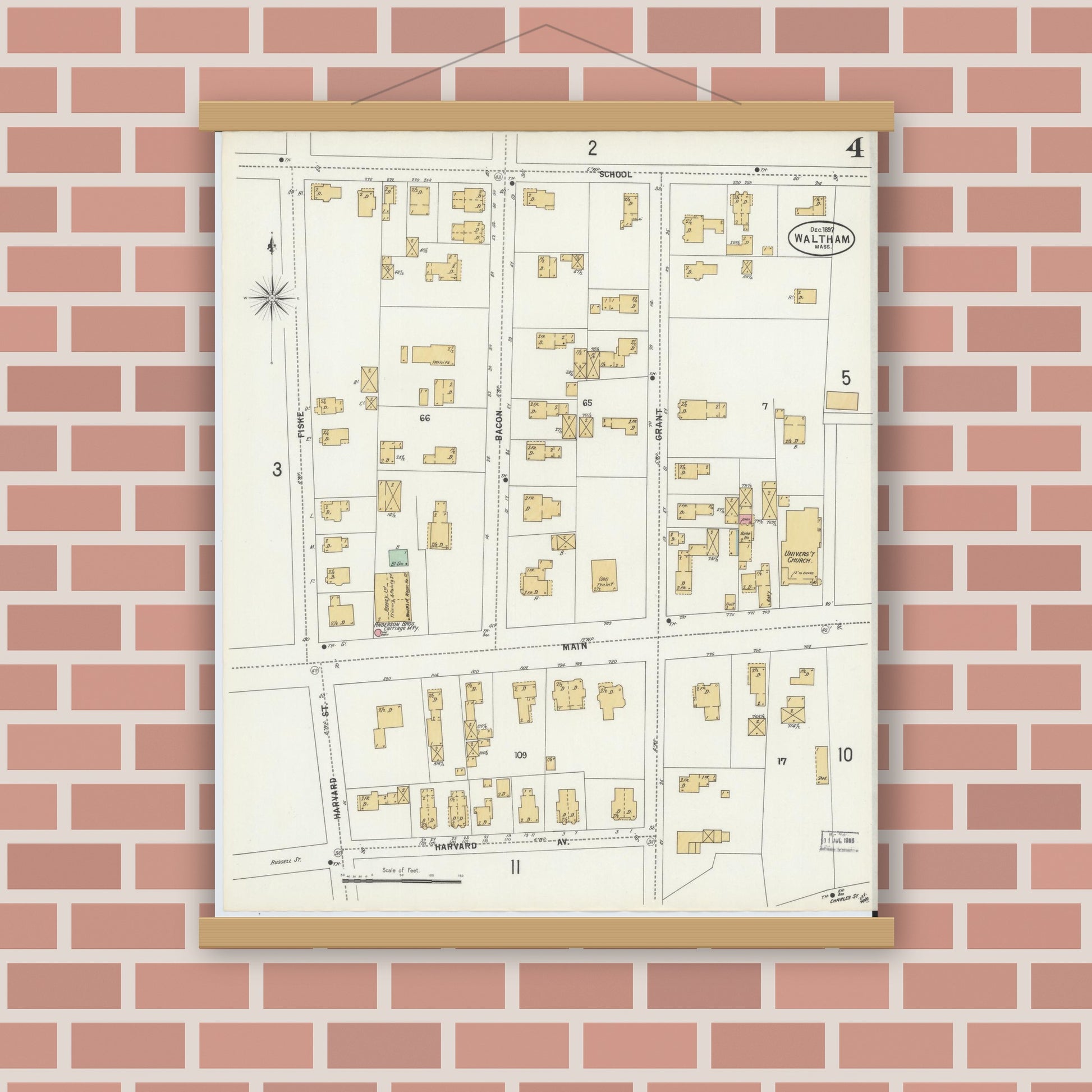 Old map wall art mockup — magnetic wood frame on brick wall — Sanborn Fire Insurance Map from Waltham, Middlesex County, Massachusetts (1897), Sheet #0004