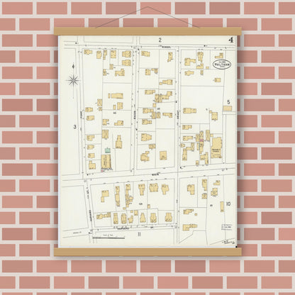Old map wall art mockup — magnetic wood frame on brick wall — Sanborn Fire Insurance Map from Waltham, Middlesex County, Massachusetts (1897), Sheet #0004