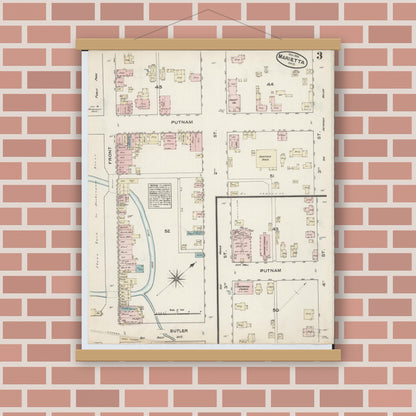 Old map wall art mockup — magnetic wood frame on brick wall — Sanborn Fire Insurance Map from Marietta, Washington County, Ohio (1884), Sheet #0003