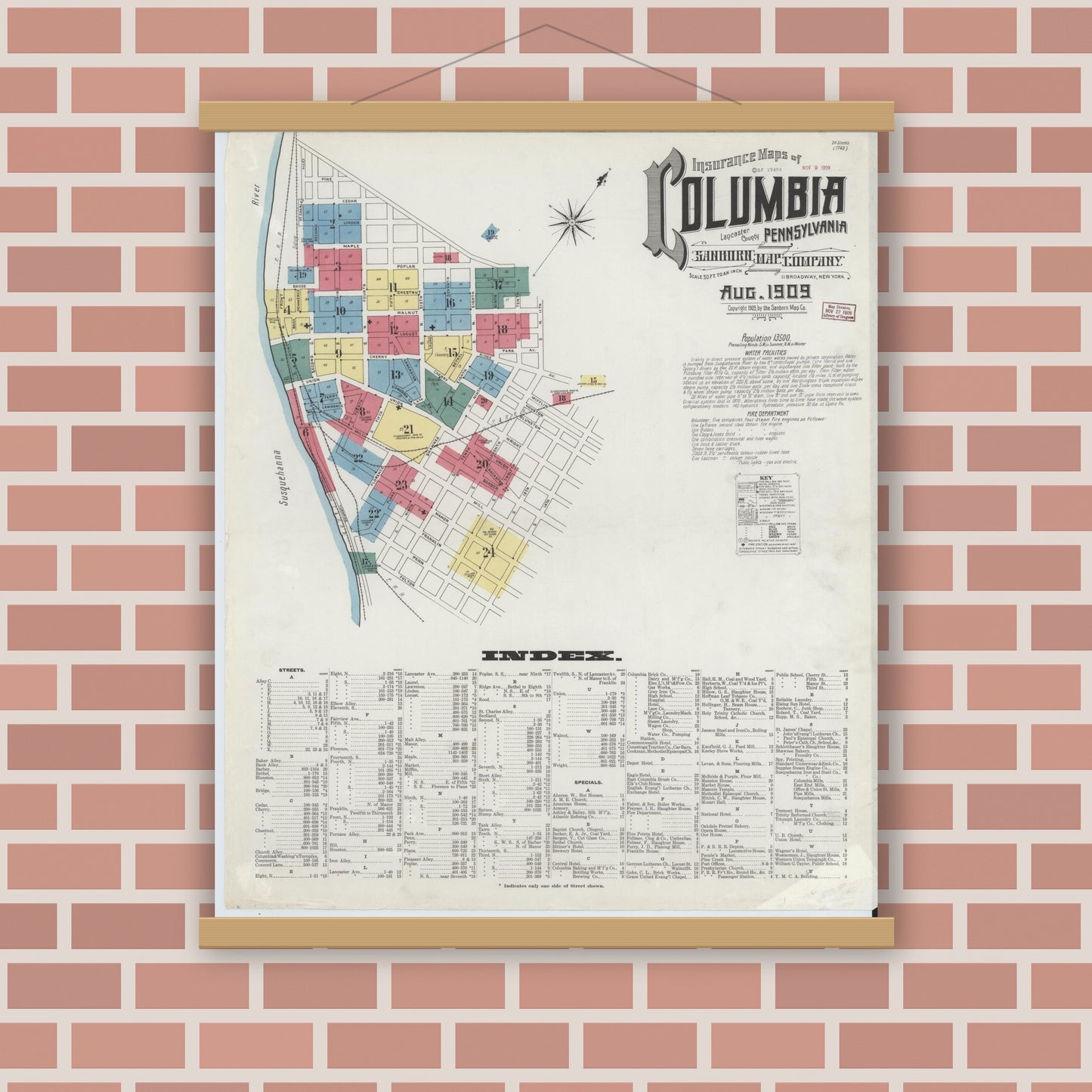 Old map wall art mockup — magnetic wood frame on brick wall — Sanborn Fire Insurance Map from Columbia, Lancaster County, Pennsylvania (1909) - Complete Map Set
