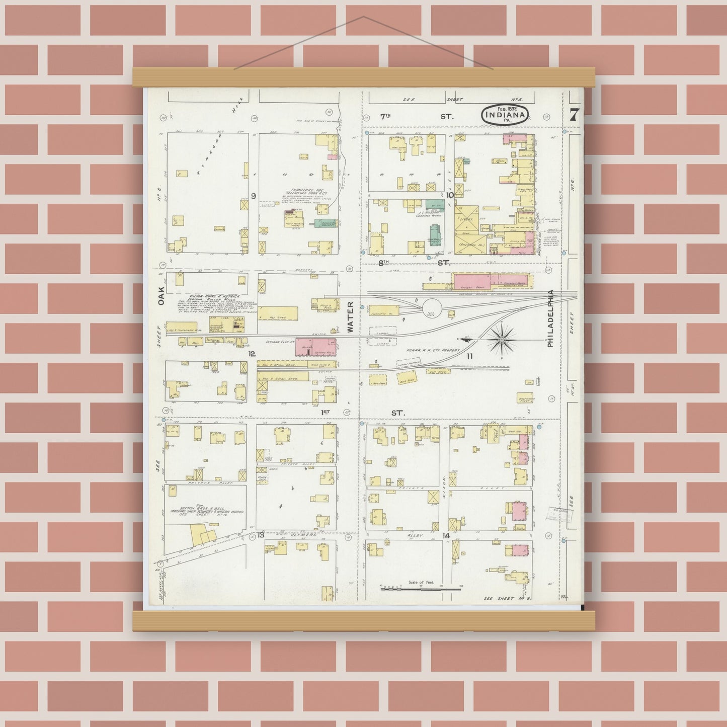 Old map wall art mockup — magnetic wood frame on brick wall — Sanborn Fire Insurance Map from Indiana, Indiana County, Pennsylvania (1892), Sheet #0007