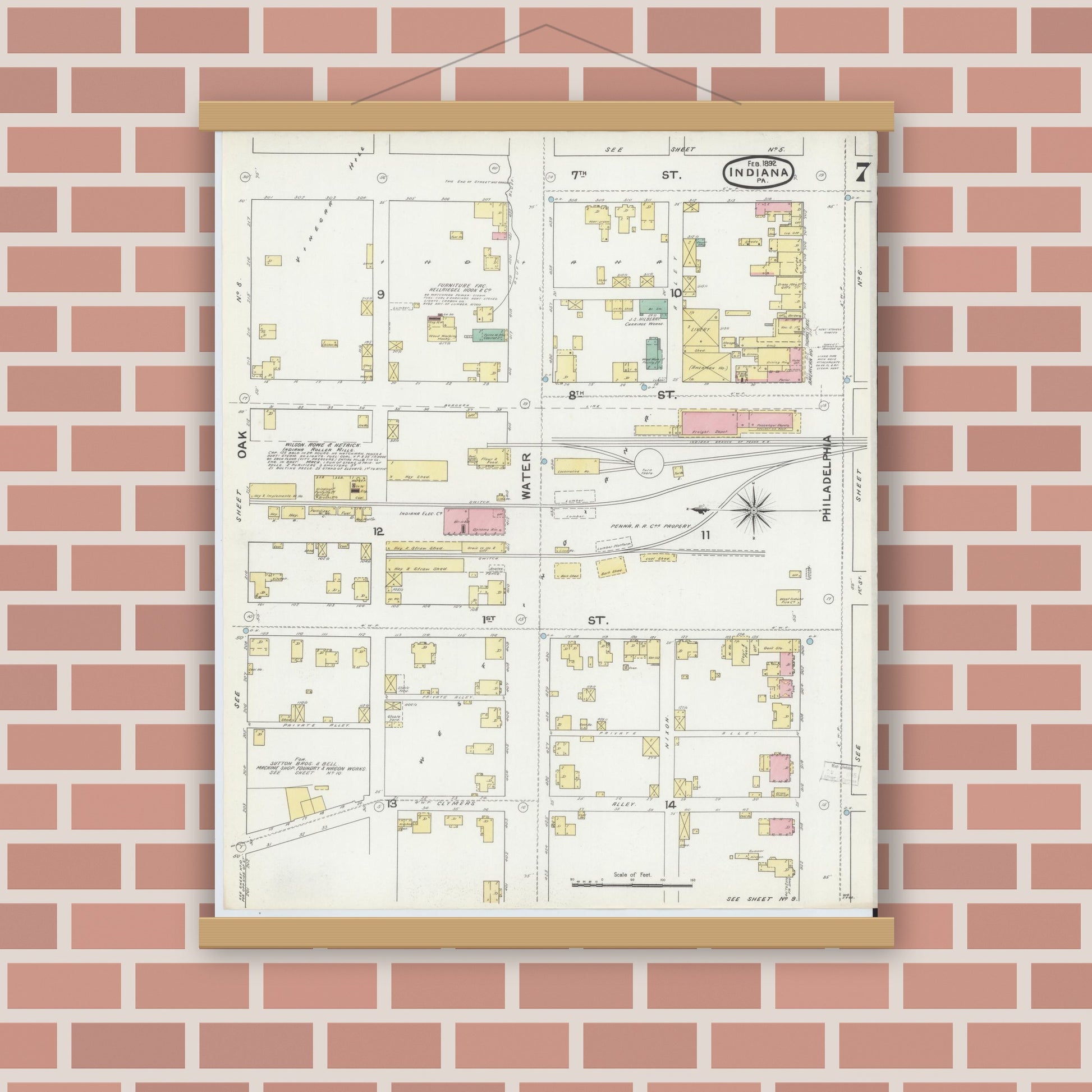 Old map wall art mockup — magnetic wood frame on brick wall — Sanborn Fire Insurance Map from Indiana, Indiana County, Pennsylvania (1892), Sheet #0007