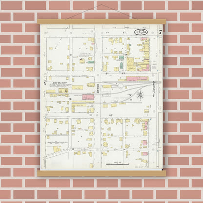 Old map wall art mockup — magnetic wood frame on brick wall — Sanborn Fire Insurance Map from Indiana, Indiana County, Pennsylvania (1892), Sheet #0007