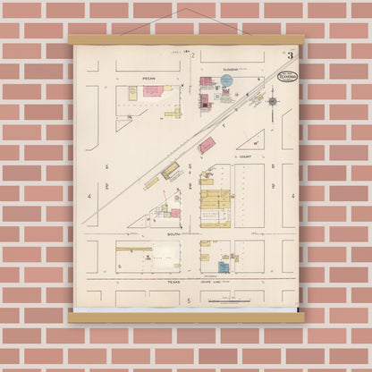 Old map wall art mockup — magnetic wood frame on brick wall — Sanborn Fire Insurance Map from Texhoma, Texas County, Oklahoma and Sherman County, Texas, Texas (1930), Sheet #0003