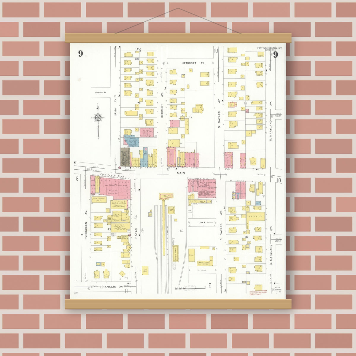Old map wall art mockup — magnetic wood frame on brick wall — Sanborn Fire Insurance Map from Port Washington, Nassau County, New York (1931), Sheet #0009