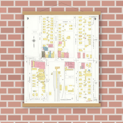 Old map wall art mockup — magnetic wood frame on brick wall — Sanborn Fire Insurance Map from Port Washington, Nassau County, New York (1931), Sheet #0009