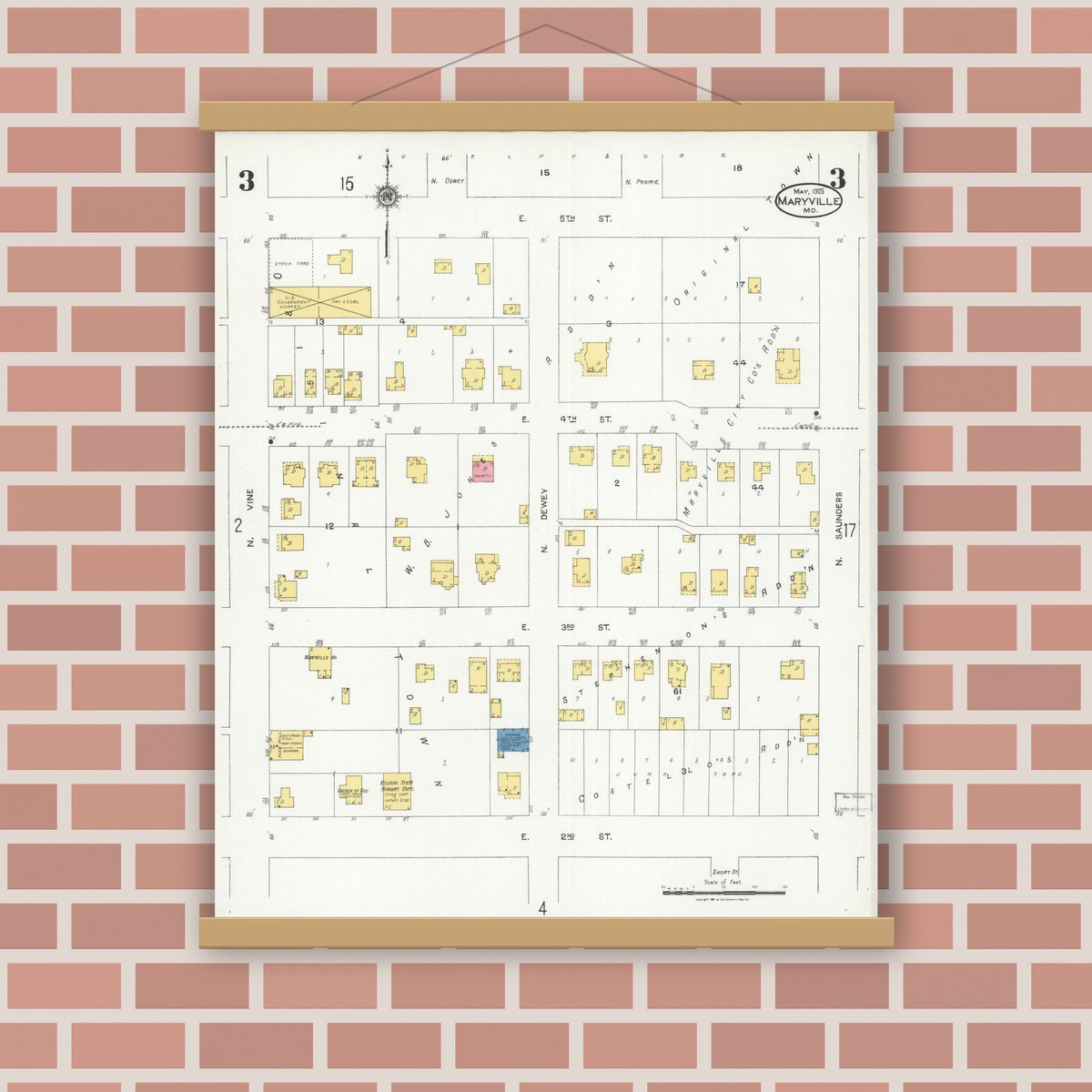 Old map wall art mockup — magnetic wood frame on brick wall — Sanborn Fire Insurance Map from Maryville, Nodaway County, Missouri (1925), Sheet #0003
