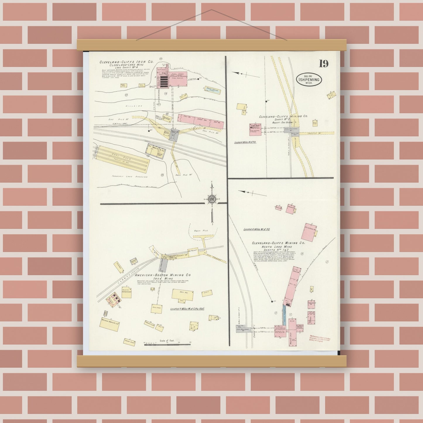 Old map wall art mockup — magnetic wood frame on brick wall — Sanborn Fire Insurance Map from Ishpeming, Marquette County, Michigan (1911), Sheet #0019