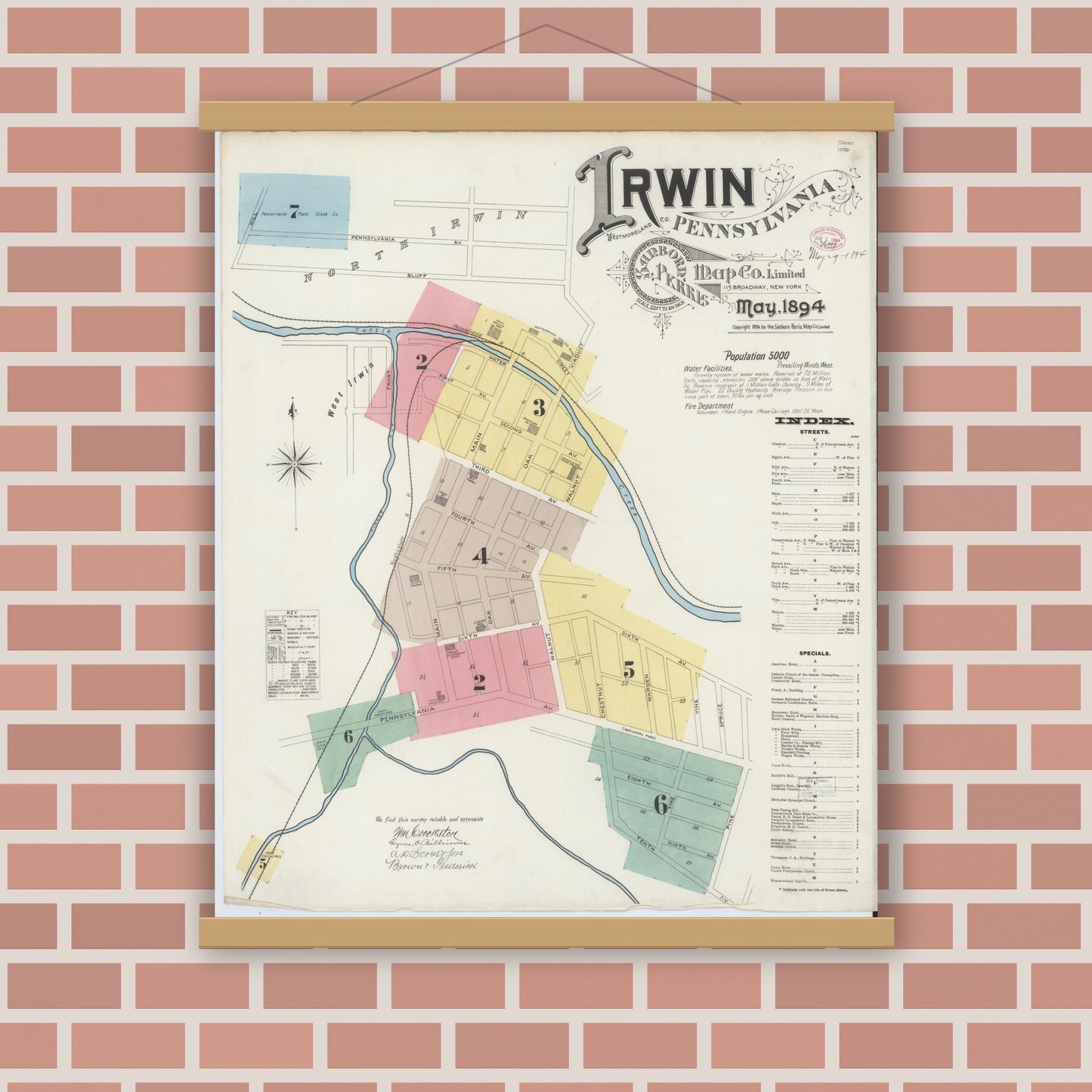 Old map wall art mockup — magnetic wood frame on brick wall — Sanborn Fire Insurance Map from Irwin, Westmoreland County, Pennsylvania (1894), Sheet #0001