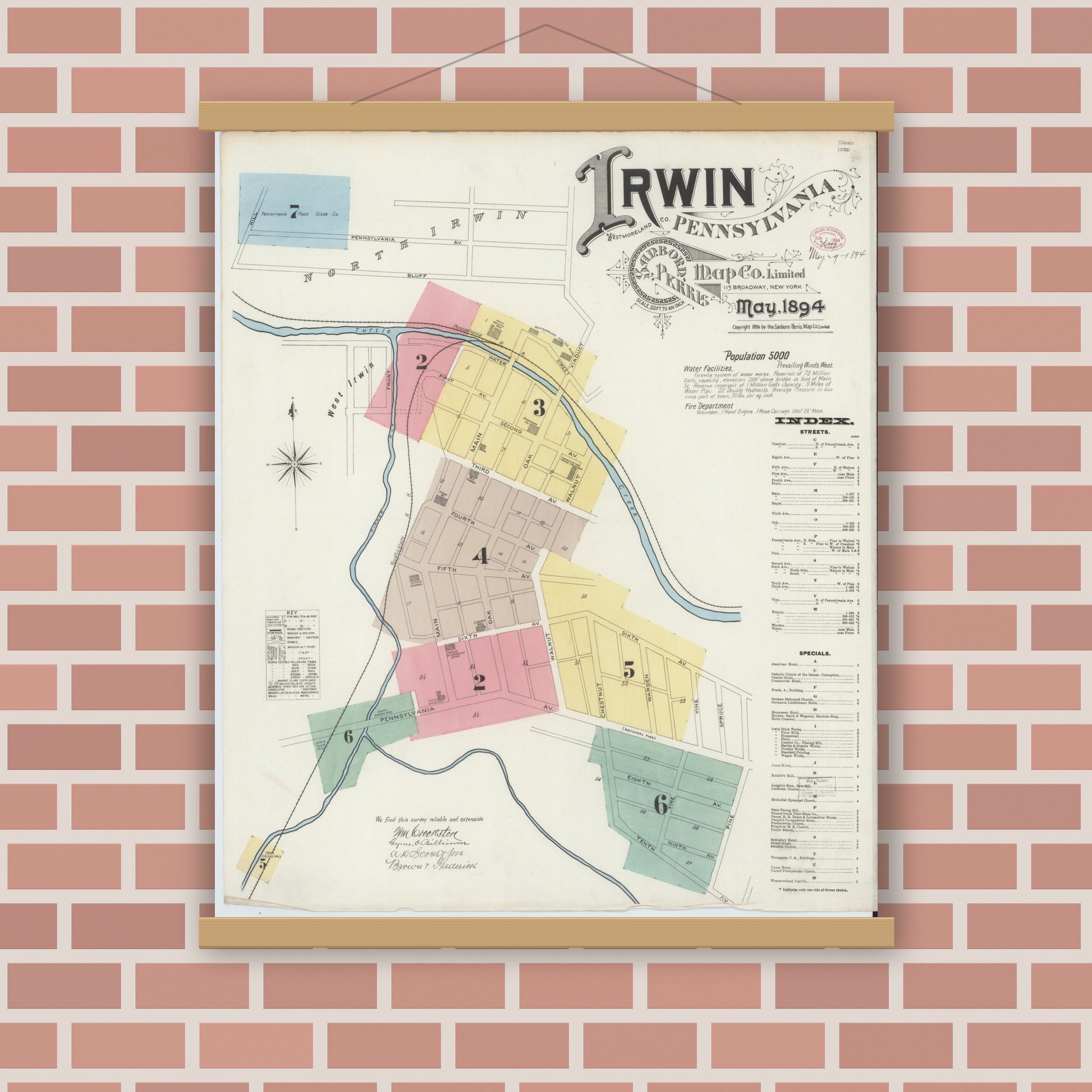 Old map wall art mockup — magnetic wood frame on brick wall — Sanborn Fire Insurance Map from Irwin, Westmoreland County, Pennsylvania (1894), Sheet #0001