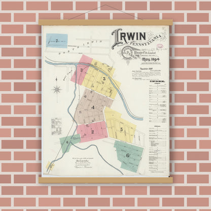 Old map wall art mockup — magnetic wood frame on brick wall — Sanborn Fire Insurance Map from Irwin, Westmoreland County, Pennsylvania (1894), Sheet #0001