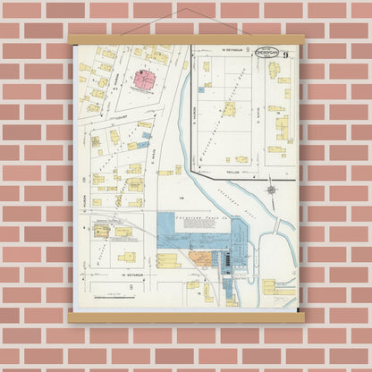Old map wall art mockup — magnetic wood frame on brick wall — Sanborn Fire Insurance Map from Cheboygan, Cheboygan County, Michigan (1915), Sheet #0009