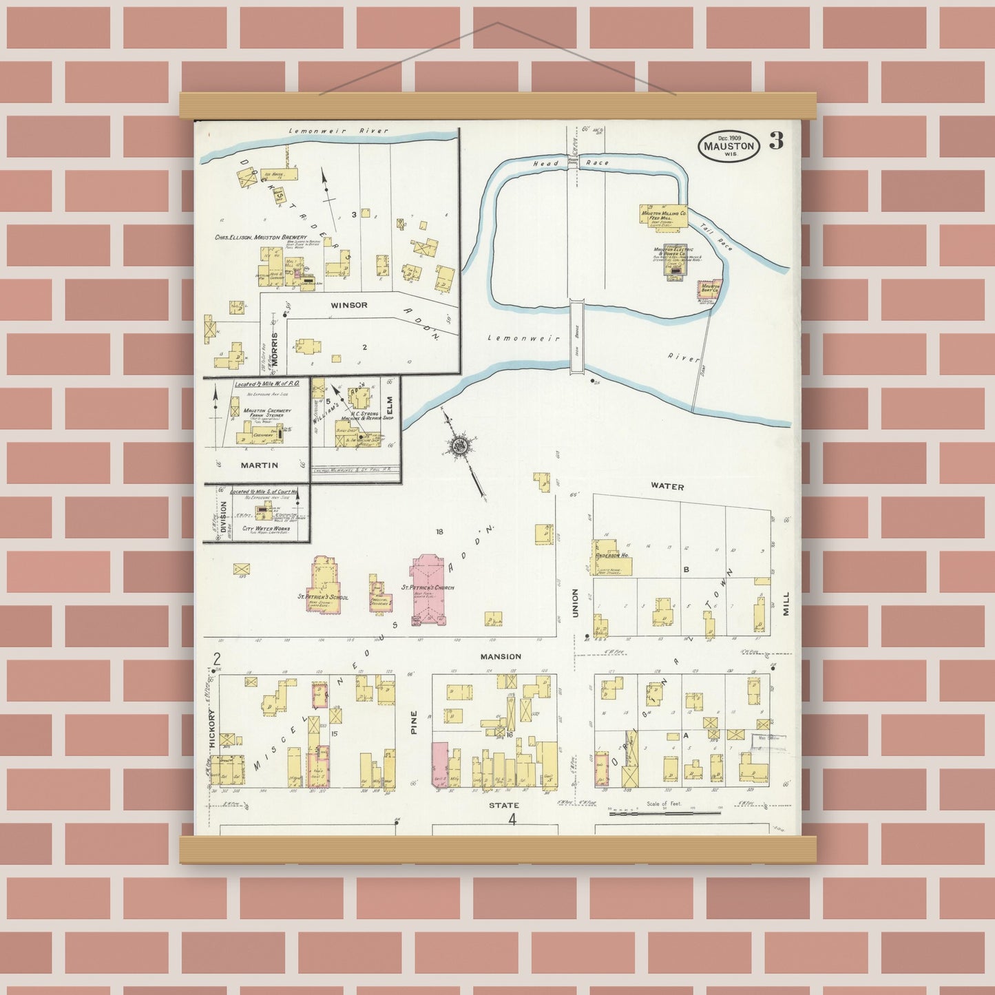 Old map wall art mockup — magnetic wood frame on brick wall — Sanborn Fire Insurance Map from Mauston, Juneau County, Wisconsin (1909), Sheet #0003