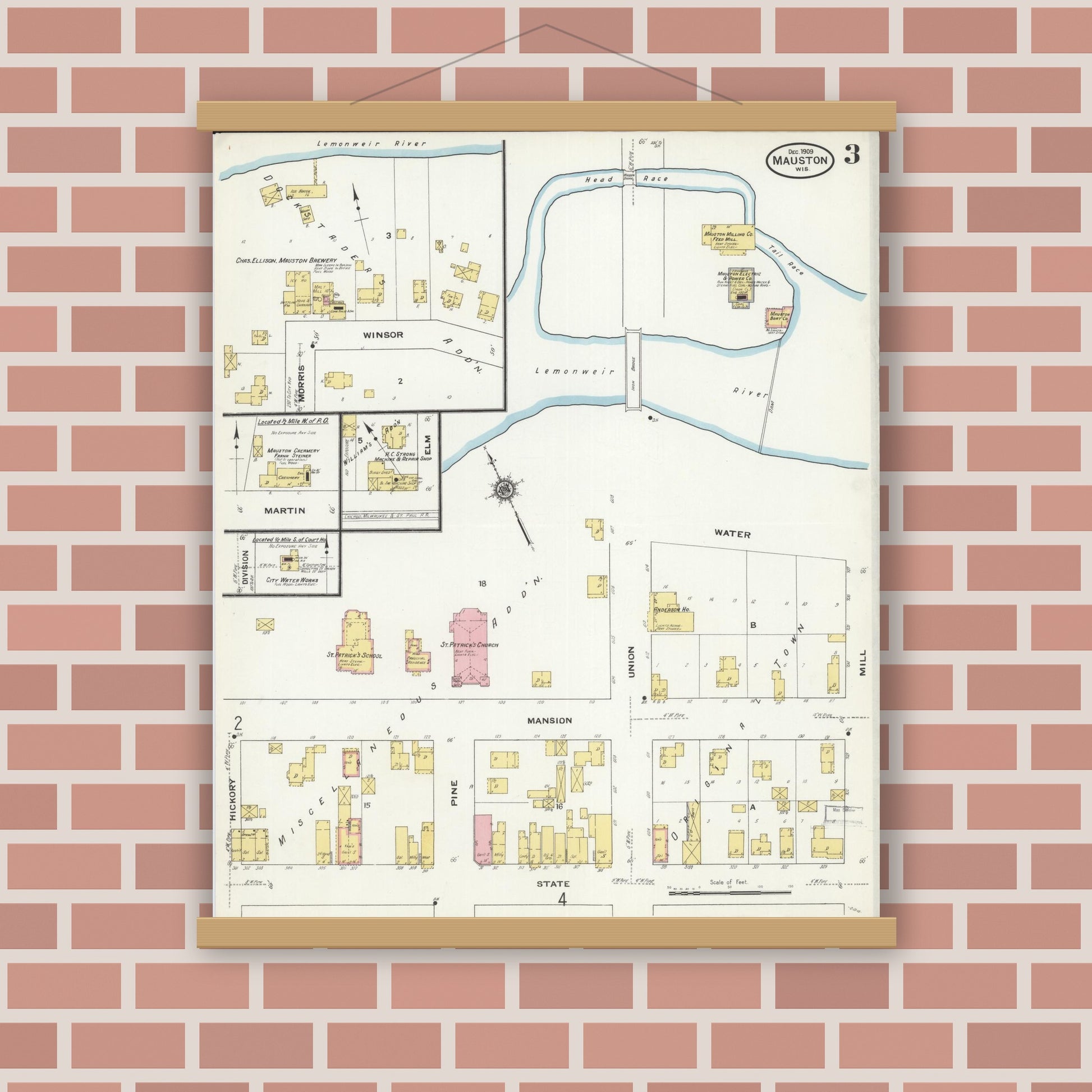 Old map wall art mockup — magnetic wood frame on brick wall — Sanborn Fire Insurance Map from Mauston, Juneau County, Wisconsin (1909), Sheet #0003