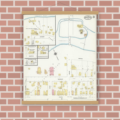 Old map wall art mockup — magnetic wood frame on brick wall — Sanborn Fire Insurance Map from Mauston, Juneau County, Wisconsin (1909), Sheet #0003