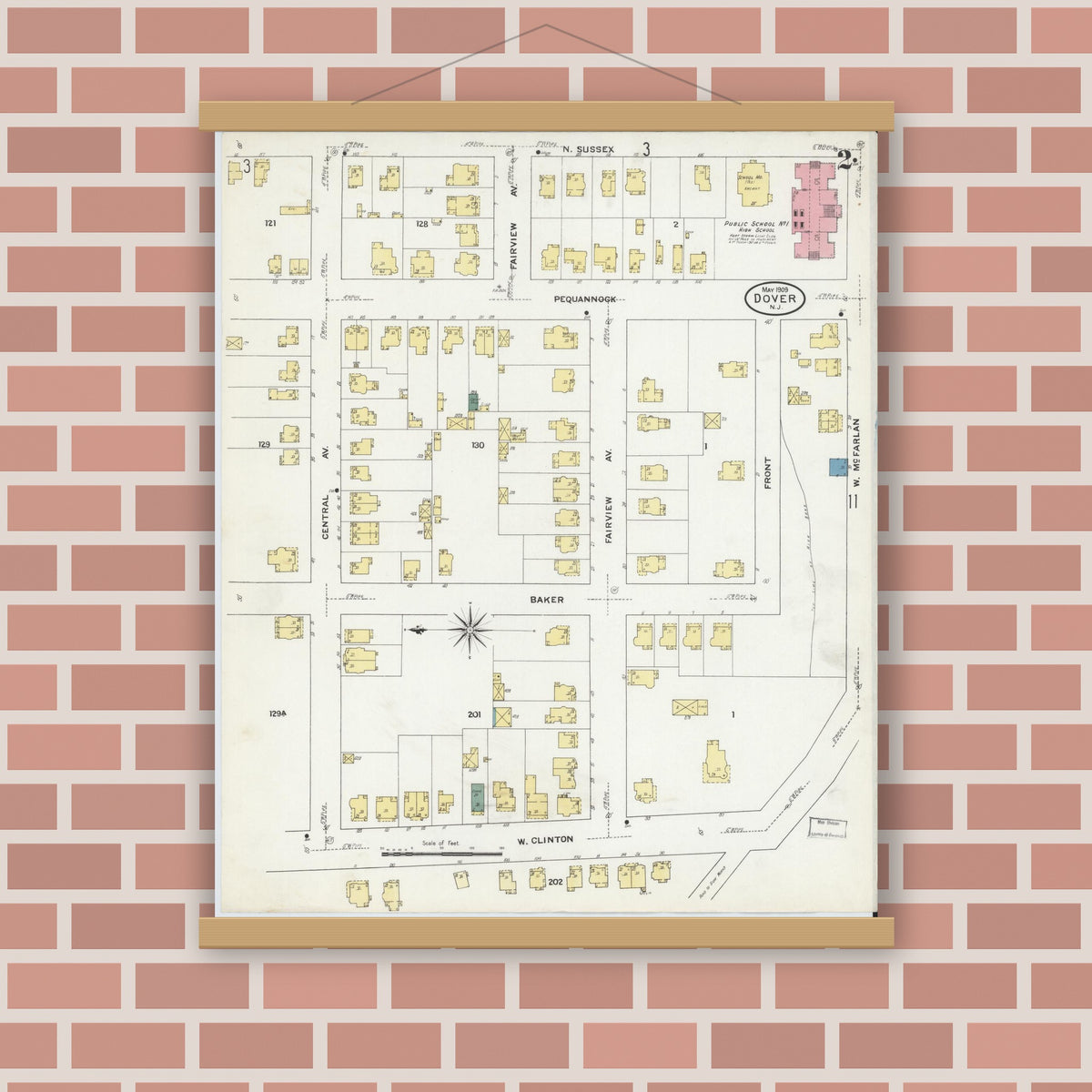 Old map wall art mockup — magnetic wood frame on brick wall — Sanborn Fire Insurance Map from Dover, Morris County, New Jersey (1909), Sheet #0002