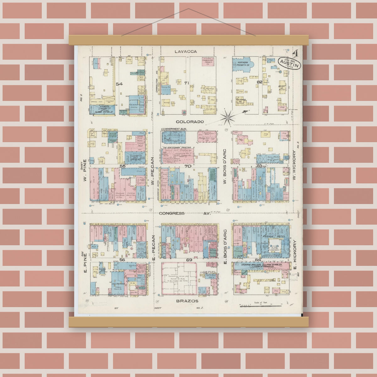 Old map wall art mockup — magnetic wood frame on brick wall — Sanborn Fire Insurance Map from Austin, Travis County, Texas (1885), Sheet #0004