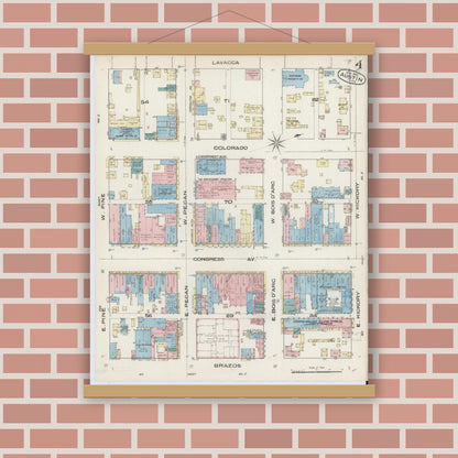Old map wall art mockup — magnetic wood frame on brick wall — Sanborn Fire Insurance Map from Austin, Travis County, Texas (1885), Sheet #0004