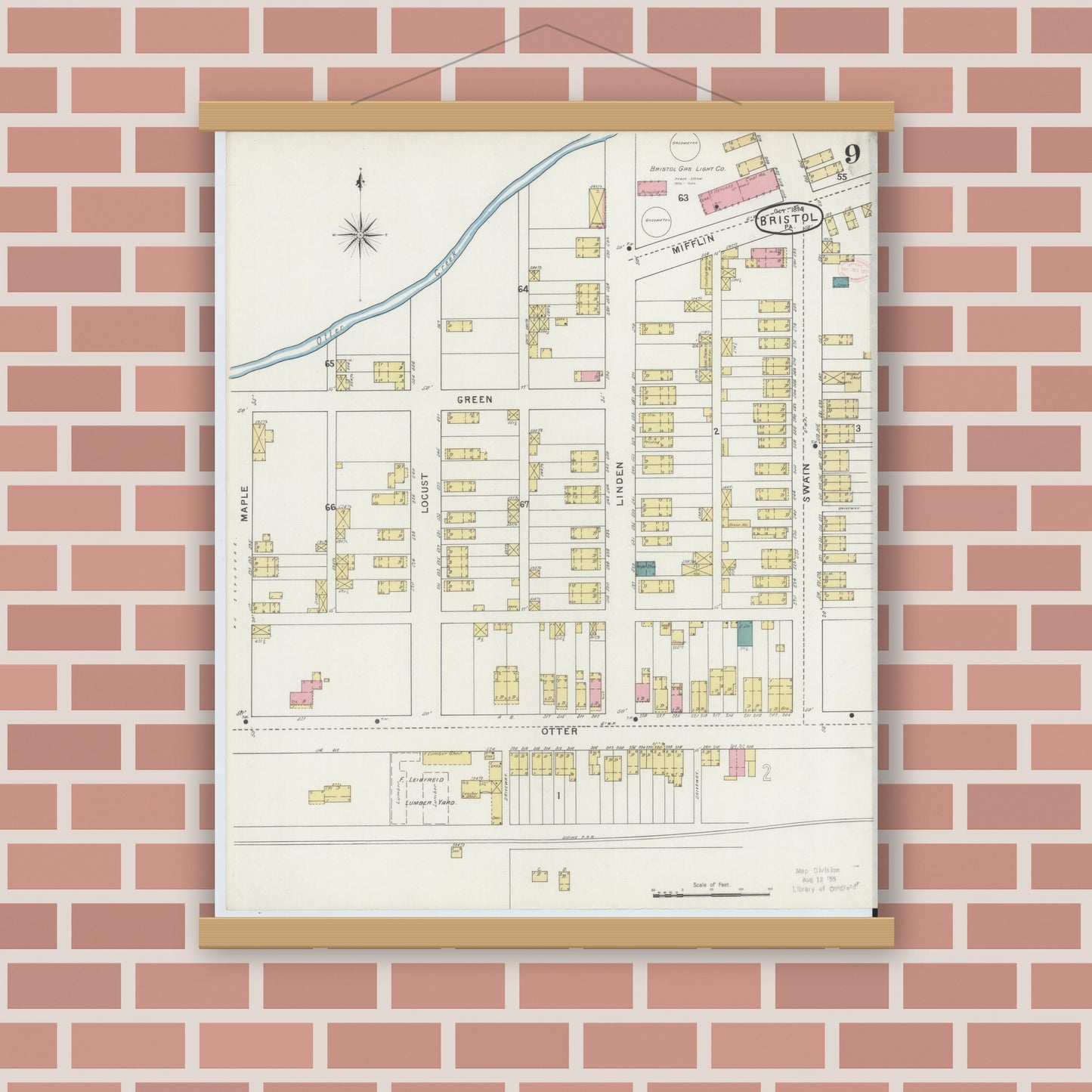 Old map wall art mockup — magnetic wood frame on brick wall — Sanborn Fire Insurance Map from Bristol, Bucks County, Pennsylvania (1894), Sheet #0009