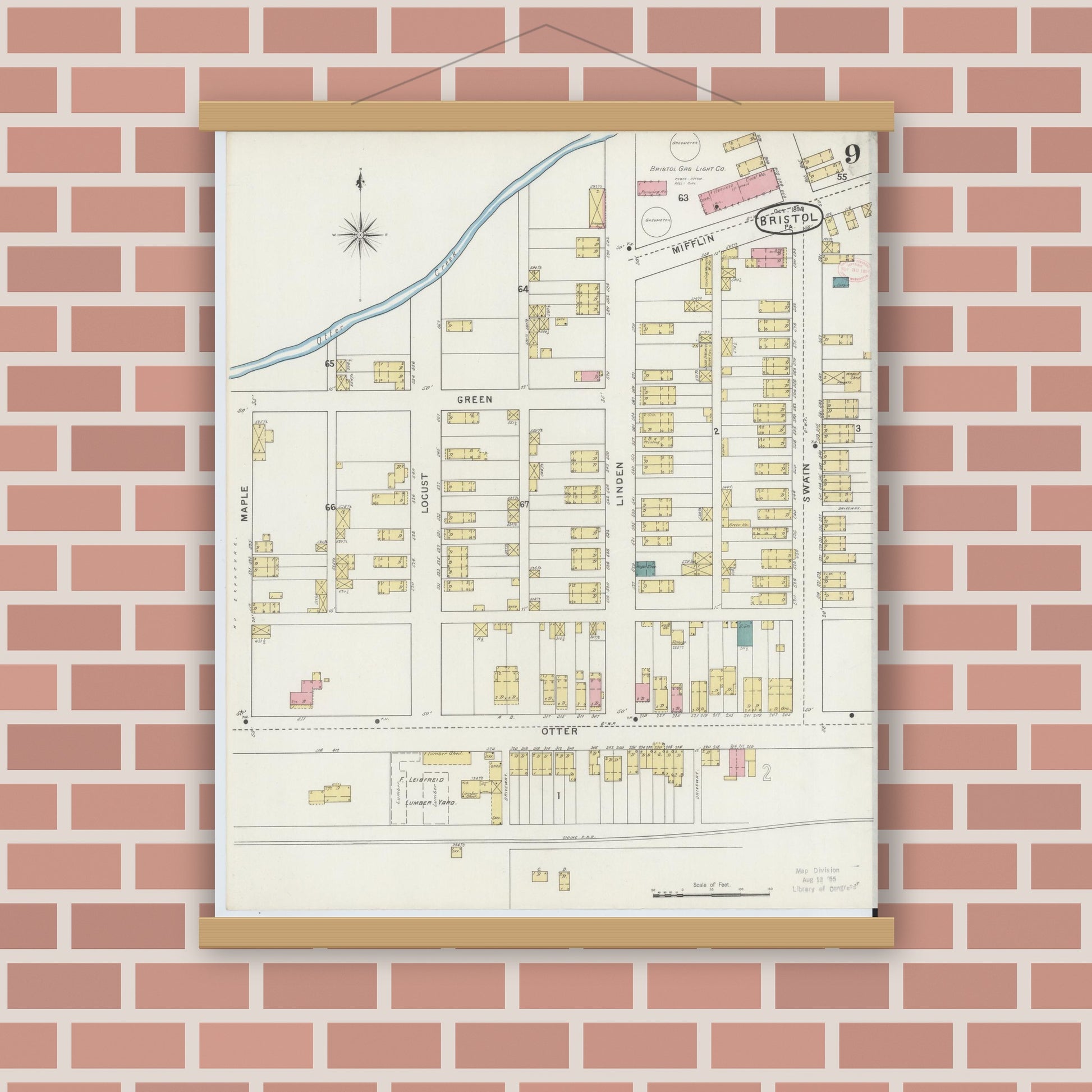 Old map wall art mockup — magnetic wood frame on brick wall — Sanborn Fire Insurance Map from Bristol, Bucks County, Pennsylvania (1894), Sheet #0009