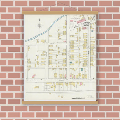 Old map wall art mockup — magnetic wood frame on brick wall — Sanborn Fire Insurance Map from Bristol, Bucks County, Pennsylvania (1894), Sheet #0009