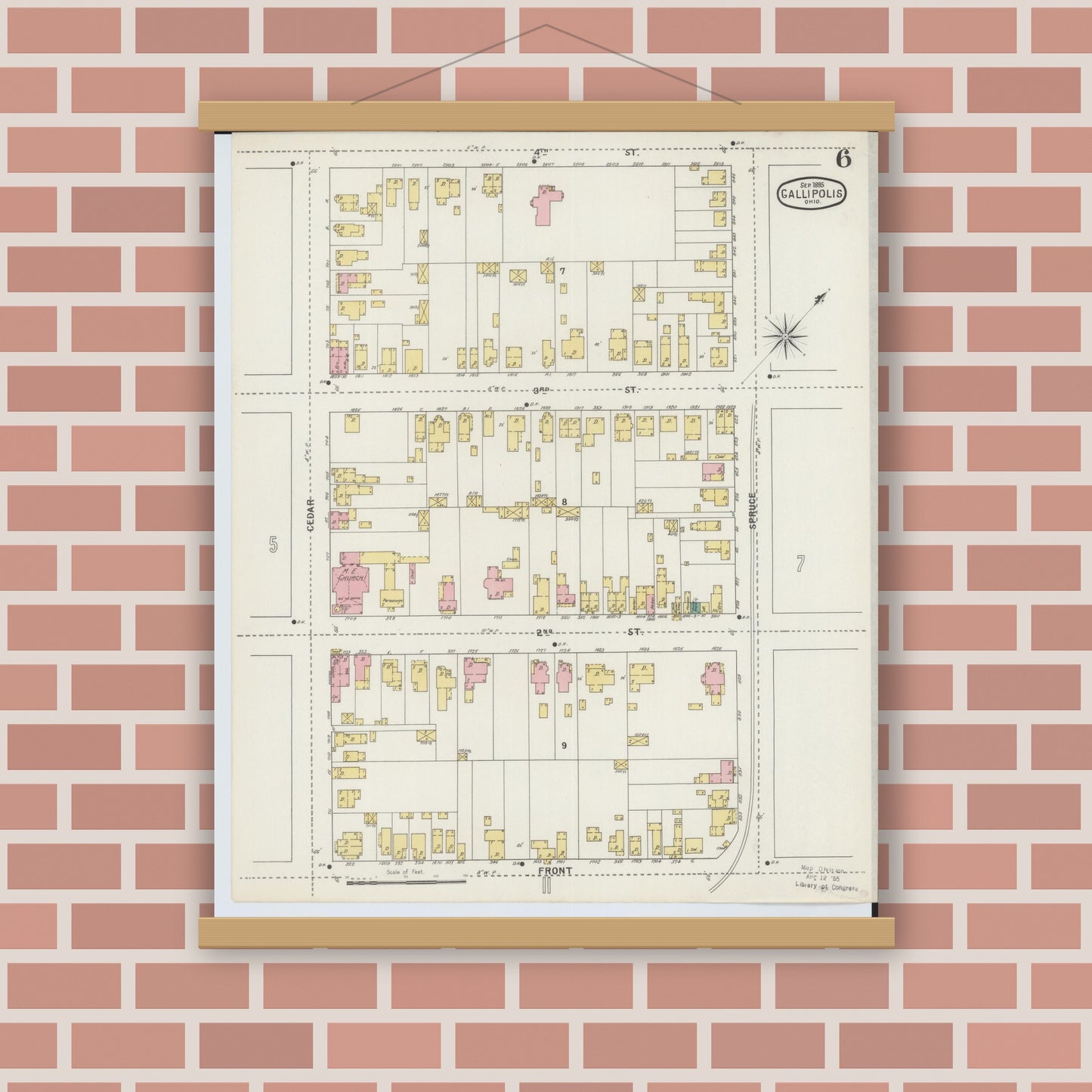 Old map wall art mockup — magnetic wood frame on brick wall — Sanborn Fire Insurance Map from Gallipolis, Gallia County, Ohio (1895), Sheet #0006