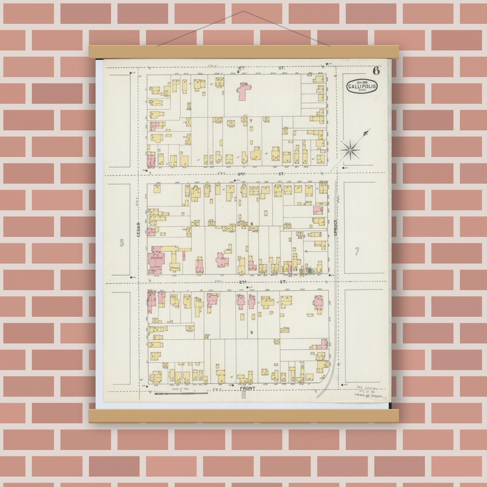Old map wall art mockup — magnetic wood frame on brick wall — Sanborn Fire Insurance Map from Gallipolis, Gallia County, Ohio (1895), Sheet #0006