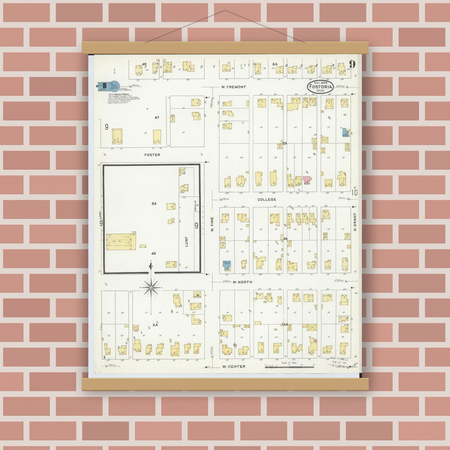 Old map wall art mockup — magnetic wood frame on brick wall — Sanborn Fire Insurance Map from Fostoria, Seneca, Hancock, And Wood Counties, Ohio (1908), Sheet #0009