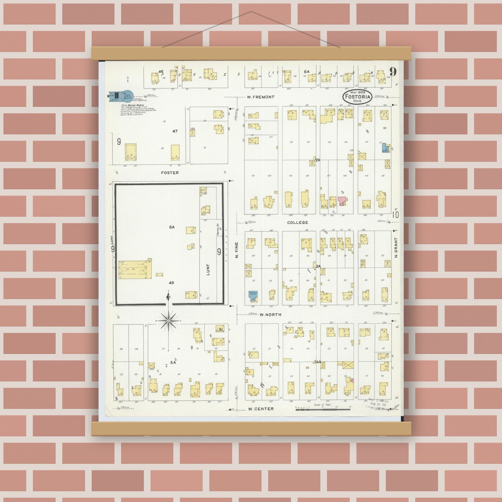Old map wall art mockup — magnetic wood frame on brick wall — Sanborn Fire Insurance Map from Fostoria, Seneca, Hancock, And Wood Counties, Ohio (1908), Sheet #0009