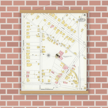 Old map wall art mockup — magnetic wood frame on brick wall — Sanborn Fire Insurance Map from Washington, Washington County, Pennsylvania (1904), Sheet #0008