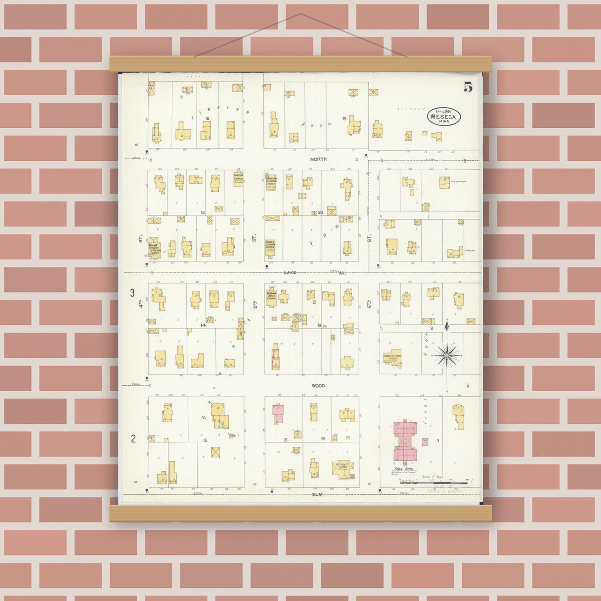 Old map wall art mockup — magnetic wood frame on brick wall — Sanborn Fire Insurance Map from Waseca, Waseca County, Minnesota (1904), Sheet #0005