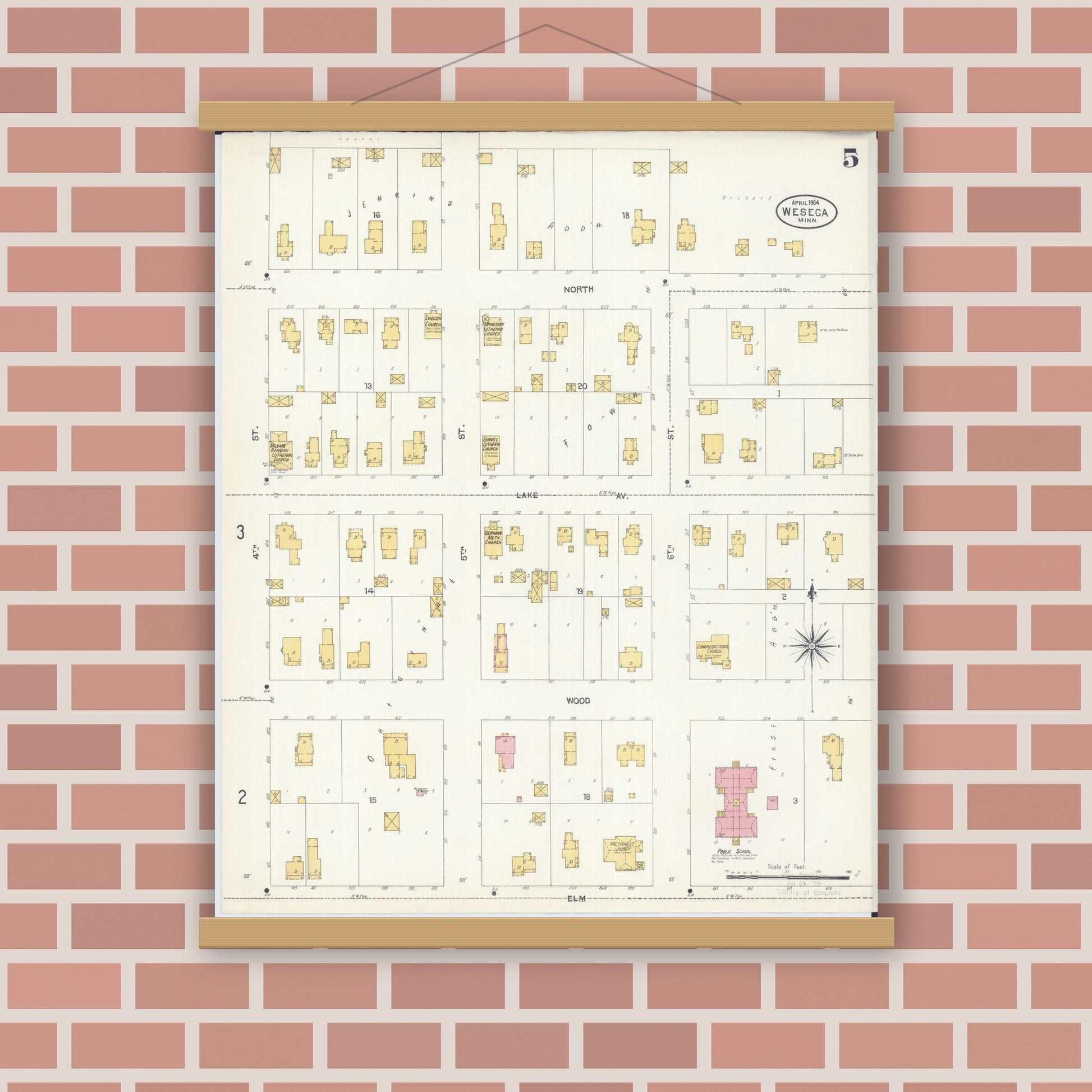 Old map wall art mockup — magnetic wood frame on brick wall — Sanborn Fire Insurance Map from Waseca, Waseca County, Minnesota (1904), Sheet #0005