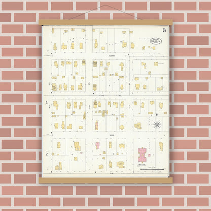 Old map wall art mockup — magnetic wood frame on brick wall — Sanborn Fire Insurance Map from Waseca, Waseca County, Minnesota (1904), Sheet #0005