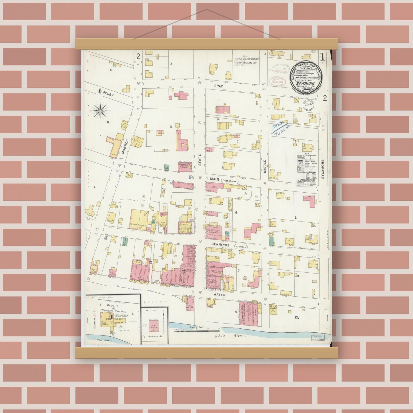 Old map wall art mockup — magnetic wood frame on brick wall — Sanborn Fire Insurance Map from Newburgh, Warrick County, Indiana (1898) - Complete Map Set