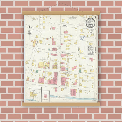 Old map wall art mockup — magnetic wood frame on brick wall — Sanborn Fire Insurance Map from Newburgh, Warrick County, Indiana (1898) - Complete Map Set