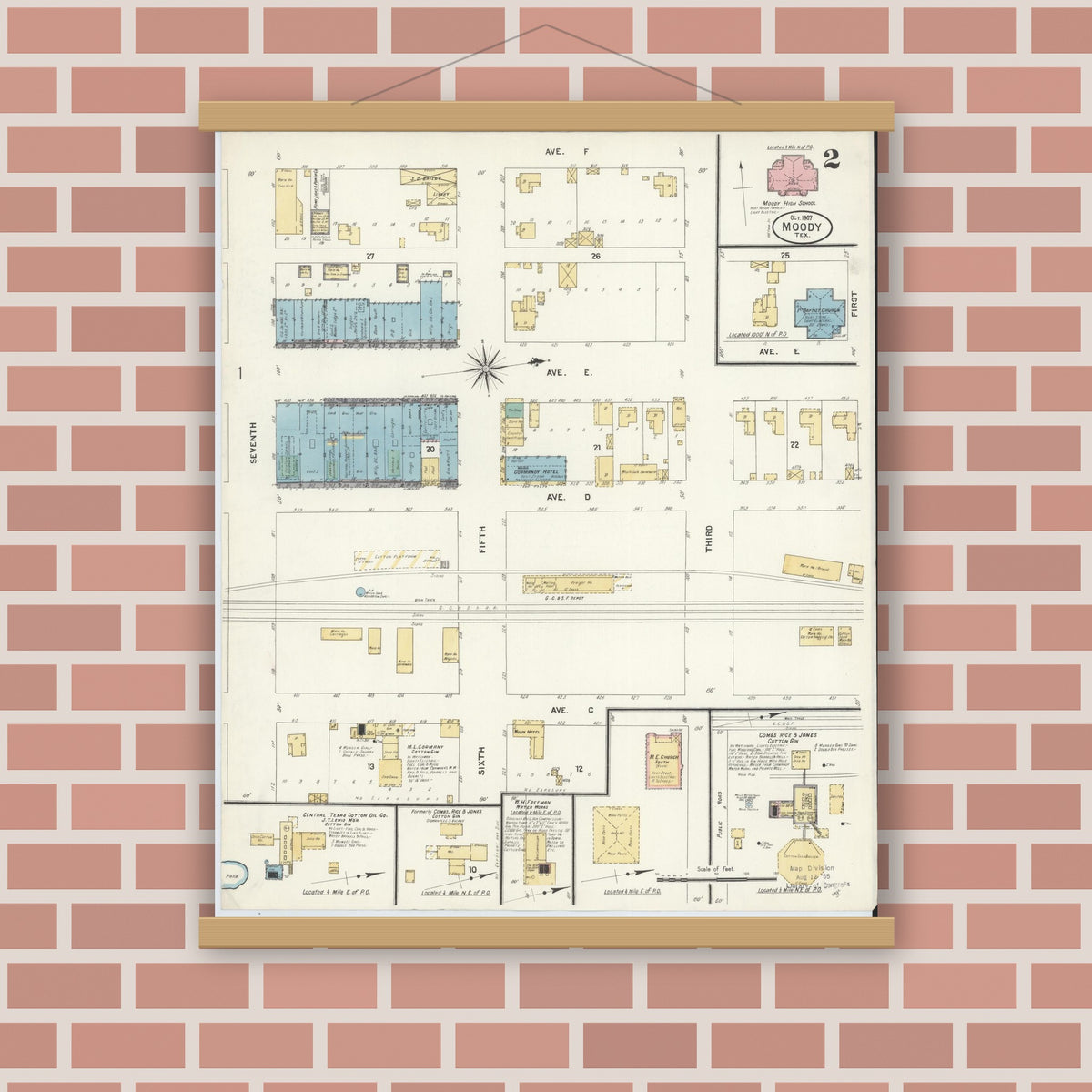 Old map wall art mockup — magnetic wood frame on brick wall — Sanborn Fire Insurance Map from Moody, McLennan County, Texas (1907), Sheet #0002