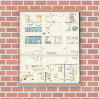Old map wall art mockup — magnetic wood frame on brick wall — Sanborn Fire Insurance Map from Moody, McLennan County, Texas (1907), Sheet #0002