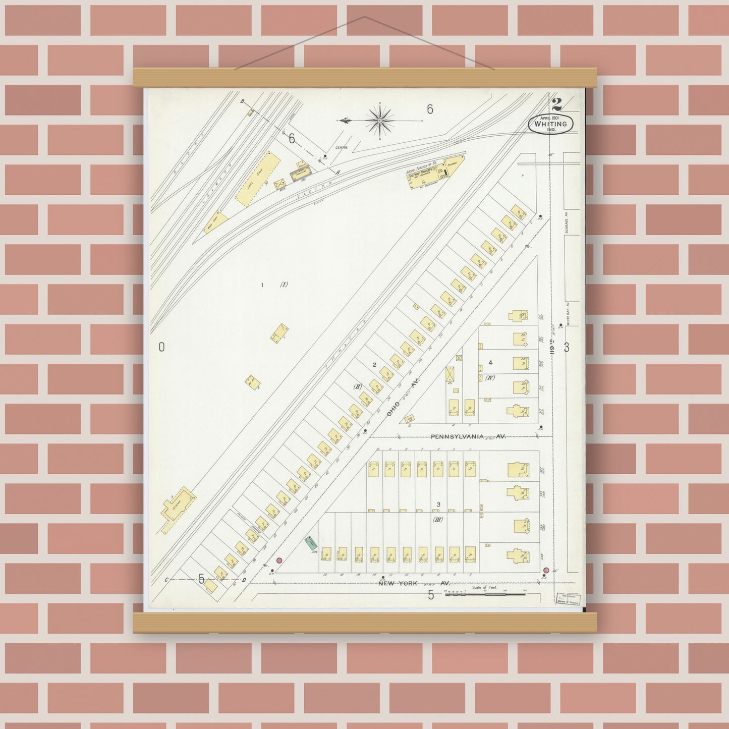 Old map wall art mockup — magnetic wood frame on brick wall — Sanborn Fire Insurance Map from Whiting, Lake County, Indiana (1901), Sheet #0002