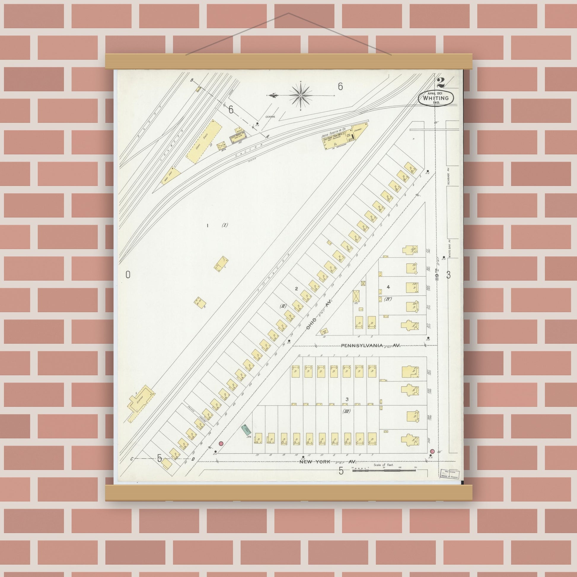 Old map wall art mockup — magnetic wood frame on brick wall — Sanborn Fire Insurance Map from Whiting, Lake County, Indiana (1901), Sheet #0002
