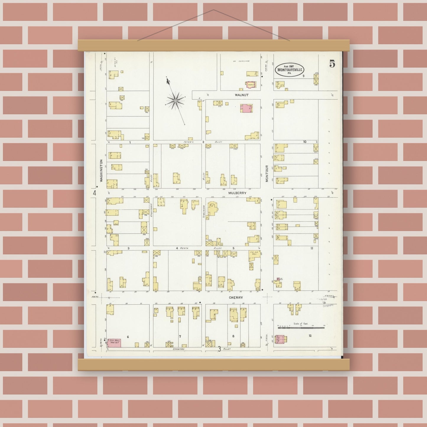 Old map wall art mockup — magnetic wood frame on brick wall — Sanborn Fire Insurance Map from Montoursville, Lycoming County, Pennsylvania (1907), Sheet #0005