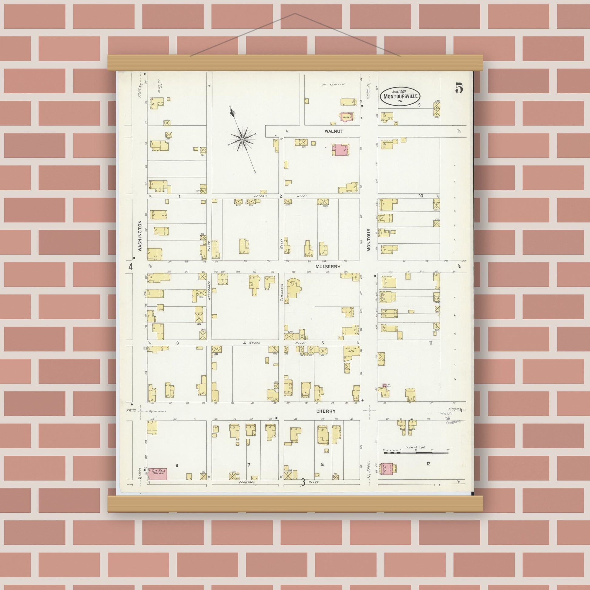 Old map wall art mockup — magnetic wood frame on brick wall — Sanborn Fire Insurance Map from Montoursville, Lycoming County, Pennsylvania (1907), Sheet #0005