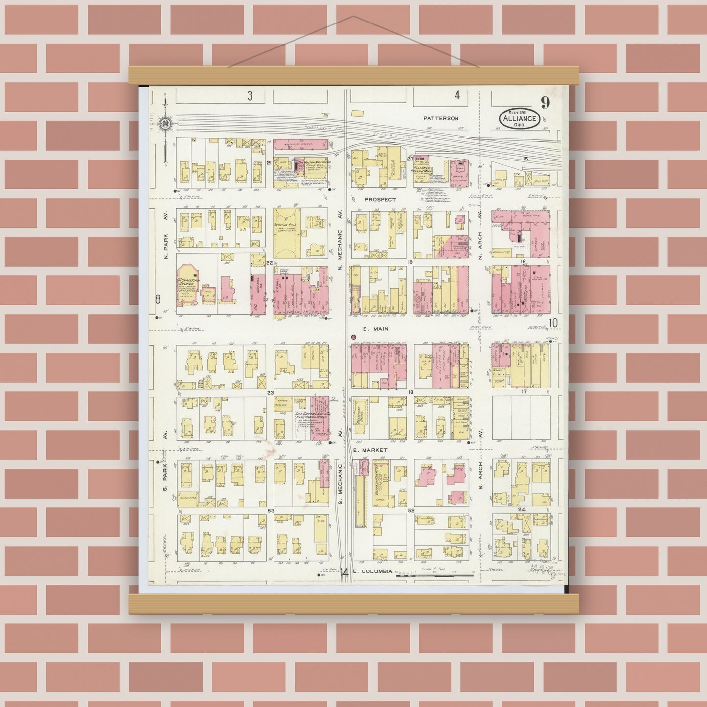 Old map wall art mockup — magnetic wood frame on brick wall — Sanborn Fire Insurance Map from Alliance, Stark County, Ohio (1911), Sheet #0009