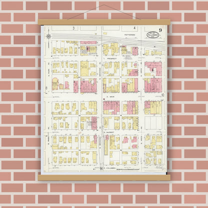 Old map wall art mockup — magnetic wood frame on brick wall — Sanborn Fire Insurance Map from Alliance, Stark County, Ohio (1911), Sheet #0009