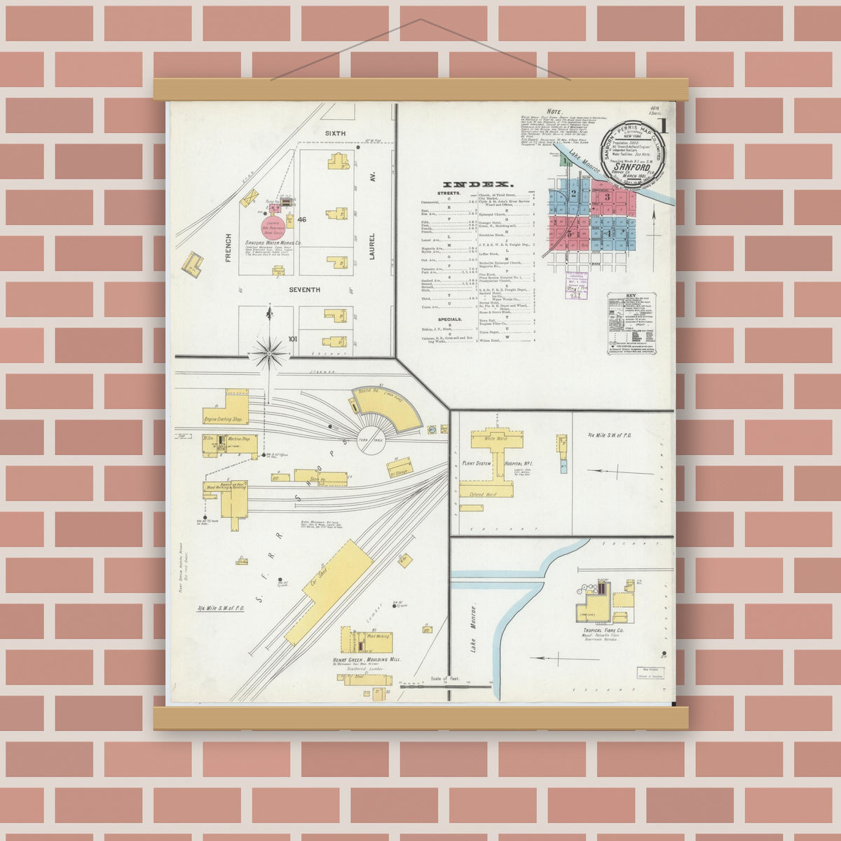 Old map wall art mockup — magnetic wood frame on brick wall — Sanborn Fire Insurance Map from Sanford, Seminole County, Florida (1901), Sheet #0001