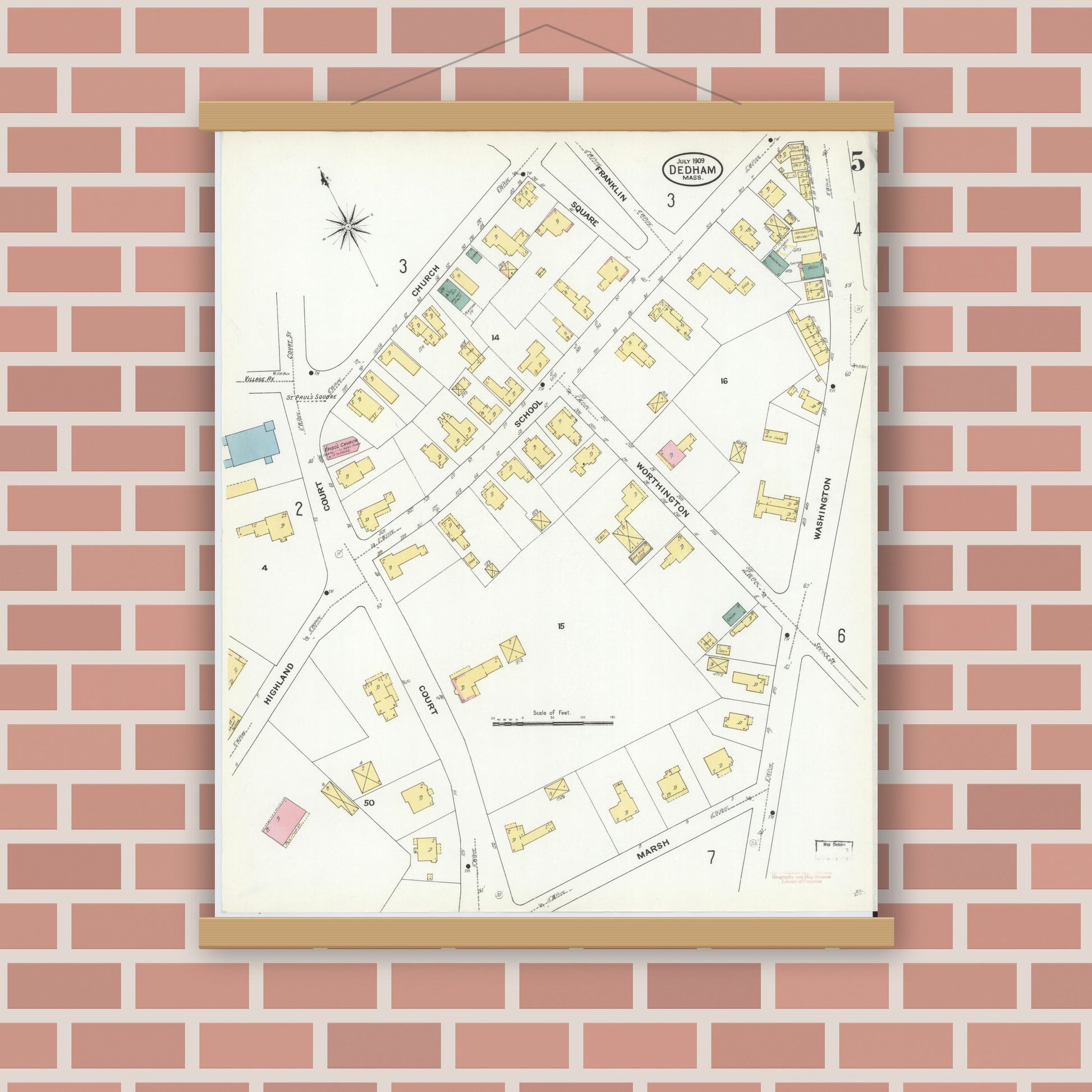 Old map wall art mockup — magnetic wood frame on brick wall — Sanborn Fire Insurance Map from Dedham, Norfolk County, Massachusetts (1909), Sheet #0005