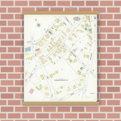 Old map wall art mockup — magnetic wood frame on brick wall — Sanborn Fire Insurance Map from Dedham, Norfolk County, Massachusetts (1909), Sheet #0005