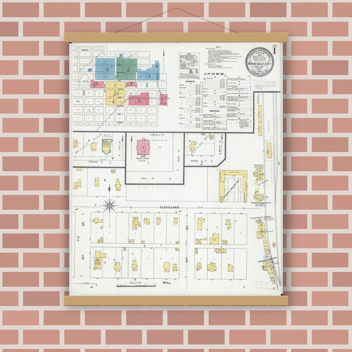 Old map wall art mockup — magnetic wood frame on brick wall — Sanborn Fire Insurance Map from Winnebago, Faribault County, Minnesota (1905), Sheet #0001