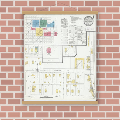 Old map wall art mockup — magnetic wood frame on brick wall — Sanborn Fire Insurance Map from Winnebago, Faribault County, Minnesota (1905), Sheet #0001