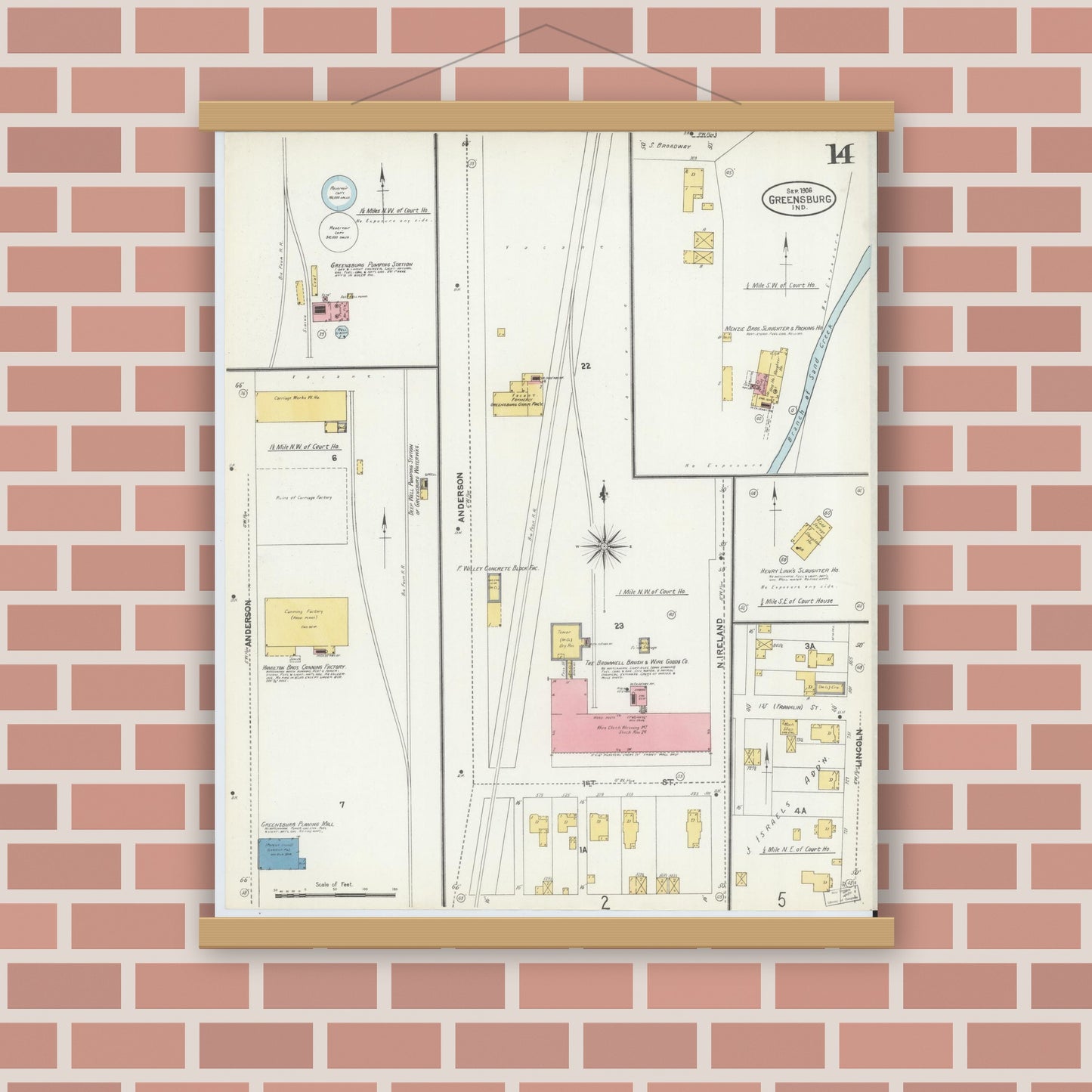 Old map wall art mockup — magnetic wood frame on brick wall — Sanborn Fire Insurance Map from Greensburg, Decatur County, Indiana (1906), Sheet #0014
