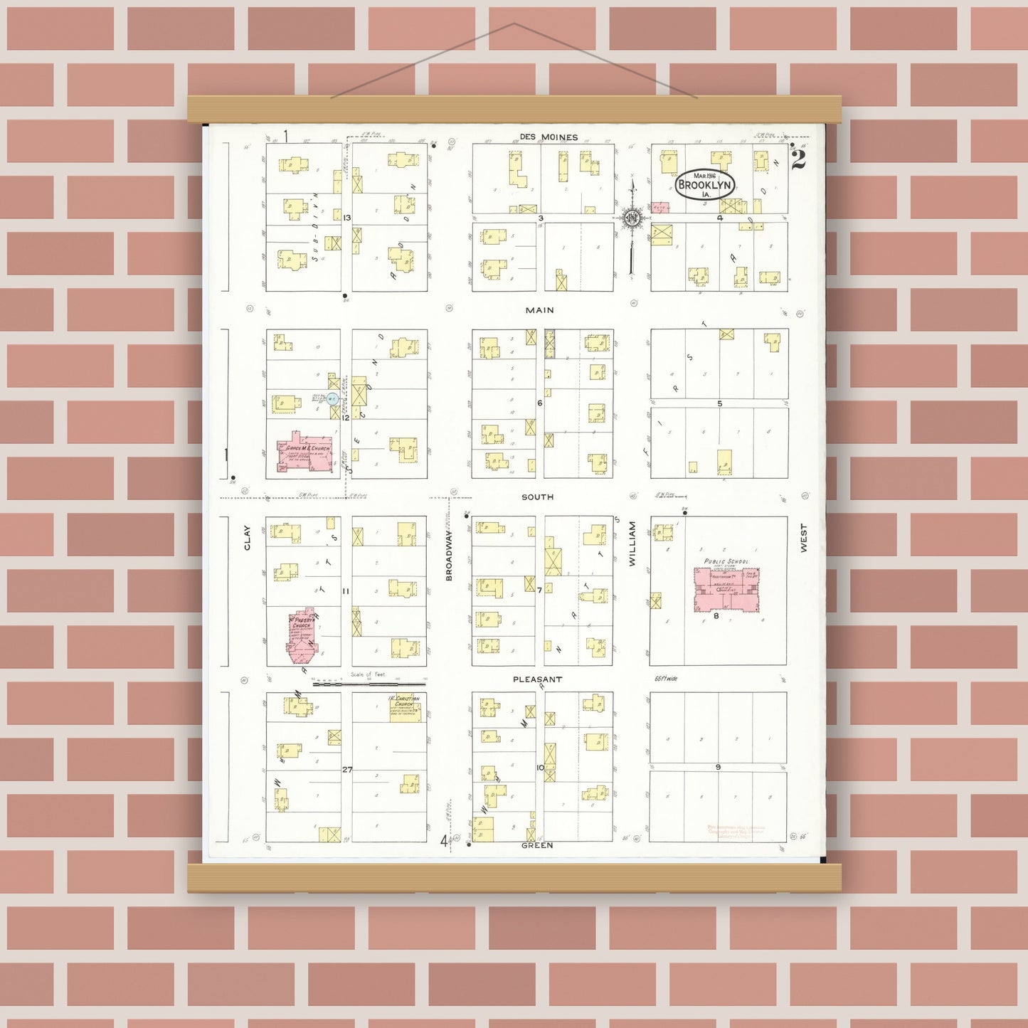 Old map wall art mockup — magnetic wood frame on brick wall — Sanborn Fire Insurance Map from Brooklyn, Poweshiek County, Iowa (1916), Sheet #0002